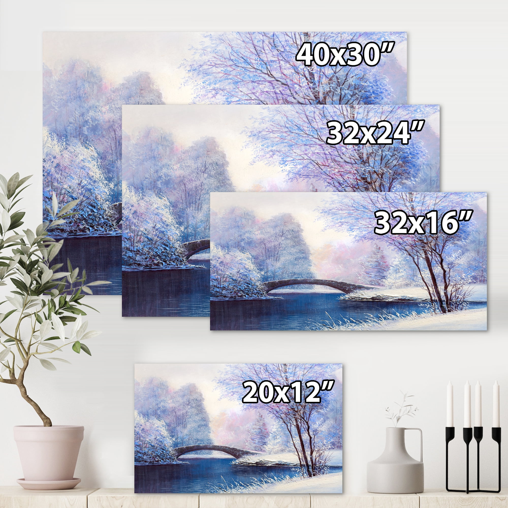 Designart ' Bridge Of Meandering River With Winter Scenery III ' Lake House Canvas Wall Art Print