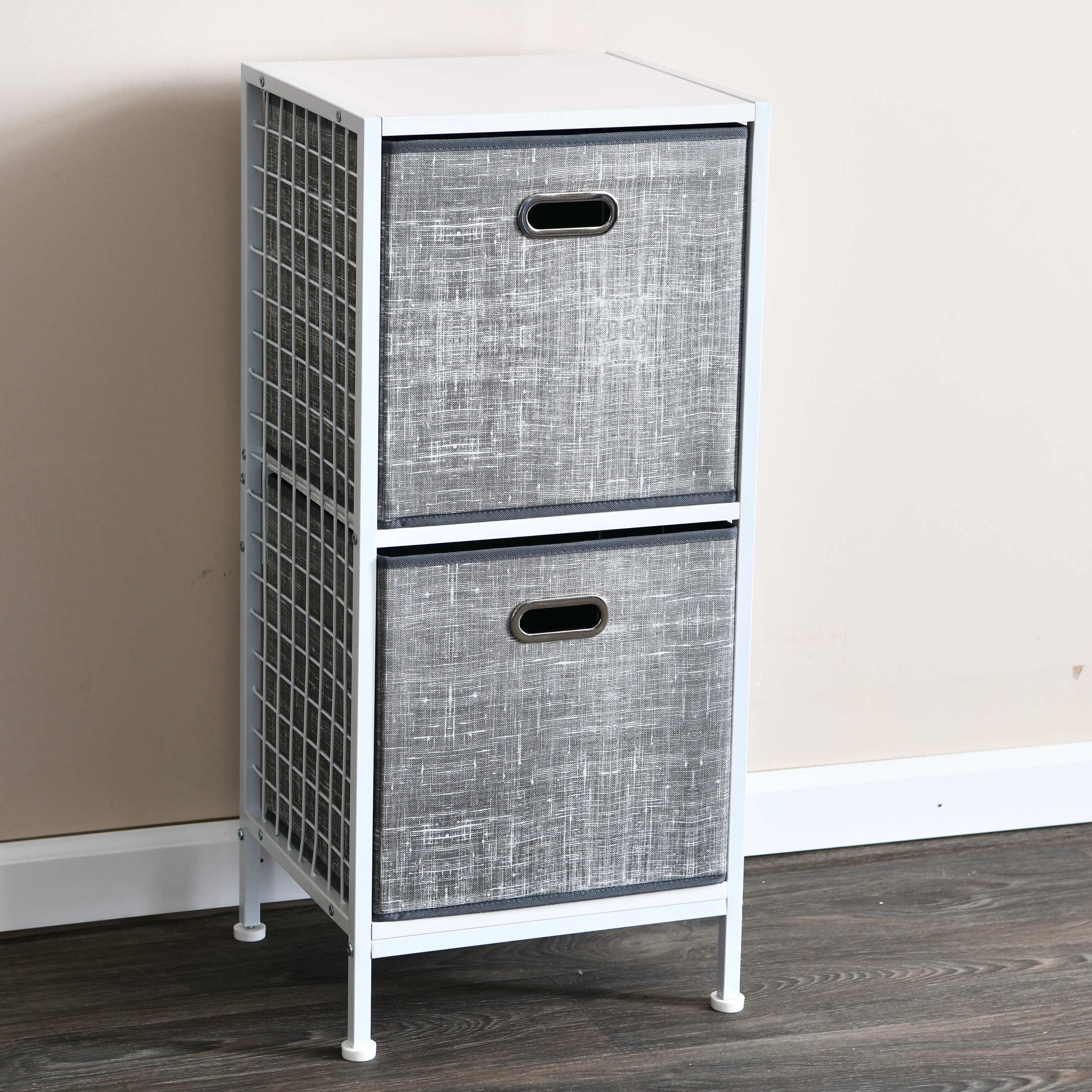 Household Essentials Fabric Storage Bins 2 Piece Set, Strong Poly-Woven Fabric, Sturdy Chipboard Sides, Grommet Front Handle, Stackable and Foldable, Classic Design, Gray Mix