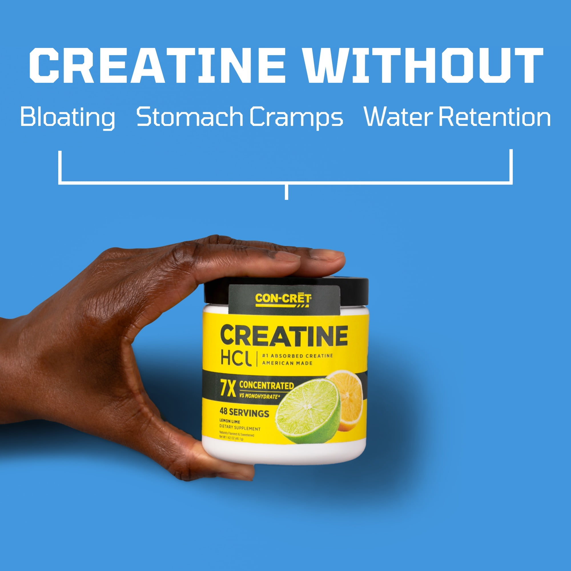 CON-CRET Patented Creatine HCl Lemon Lime Powder, Workout Supplement, 48 Servings