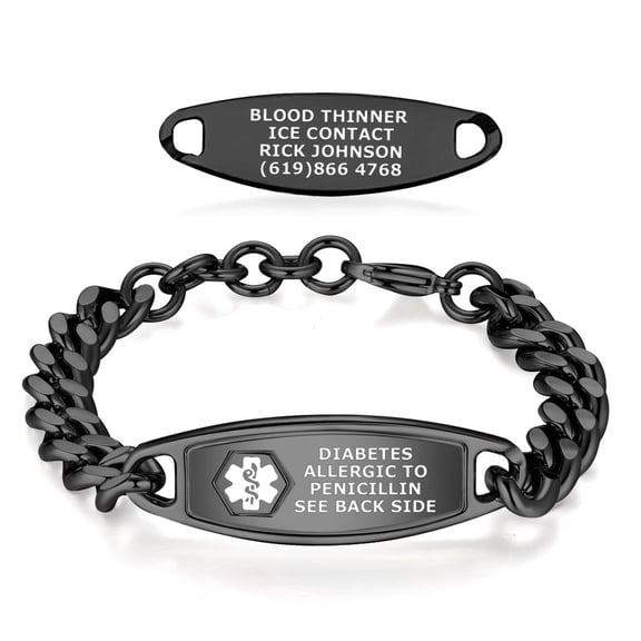 Divoti Medical Alert Bracelets for Men, Custom Engraved Steelman Medical ID Bracelet, w/Adjustable Large Curb Chain — PVD Black/White