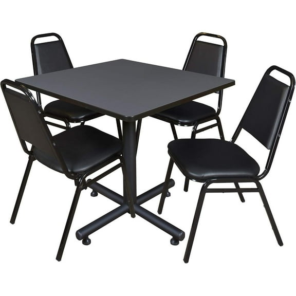 HomeStock Coastal Craftsman 36" Square Breakroom Table- Grey & 4 Restaurant Stack Chairs- Black, Ideal for Cafeterias, Dining, and Office Spaces