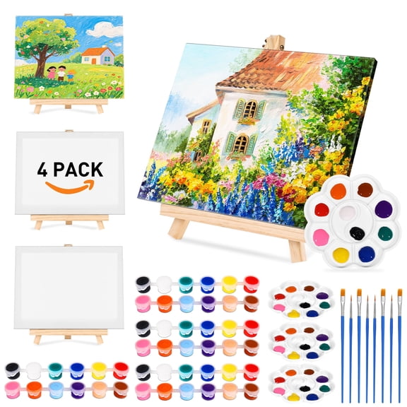 4 Pack 8 * 10In Canvas Boards for Painting, Mini Painting Canvas Kits with 8 Brushes & 4 Paint Trays & 4 * 12 Colors Acrylic Paint 4 Easel,Sip and Paint Kit for Adults & Kids Party