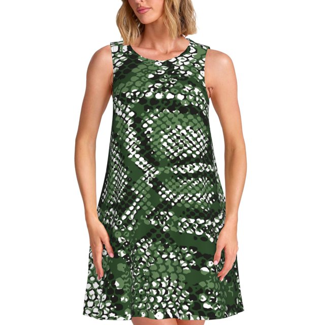 Easygdp Green Snakeskin para Vestido Transpirable de Mujer, Vestido Suelto de Manga Corta con Pliegues y Bolsillos para el Verano