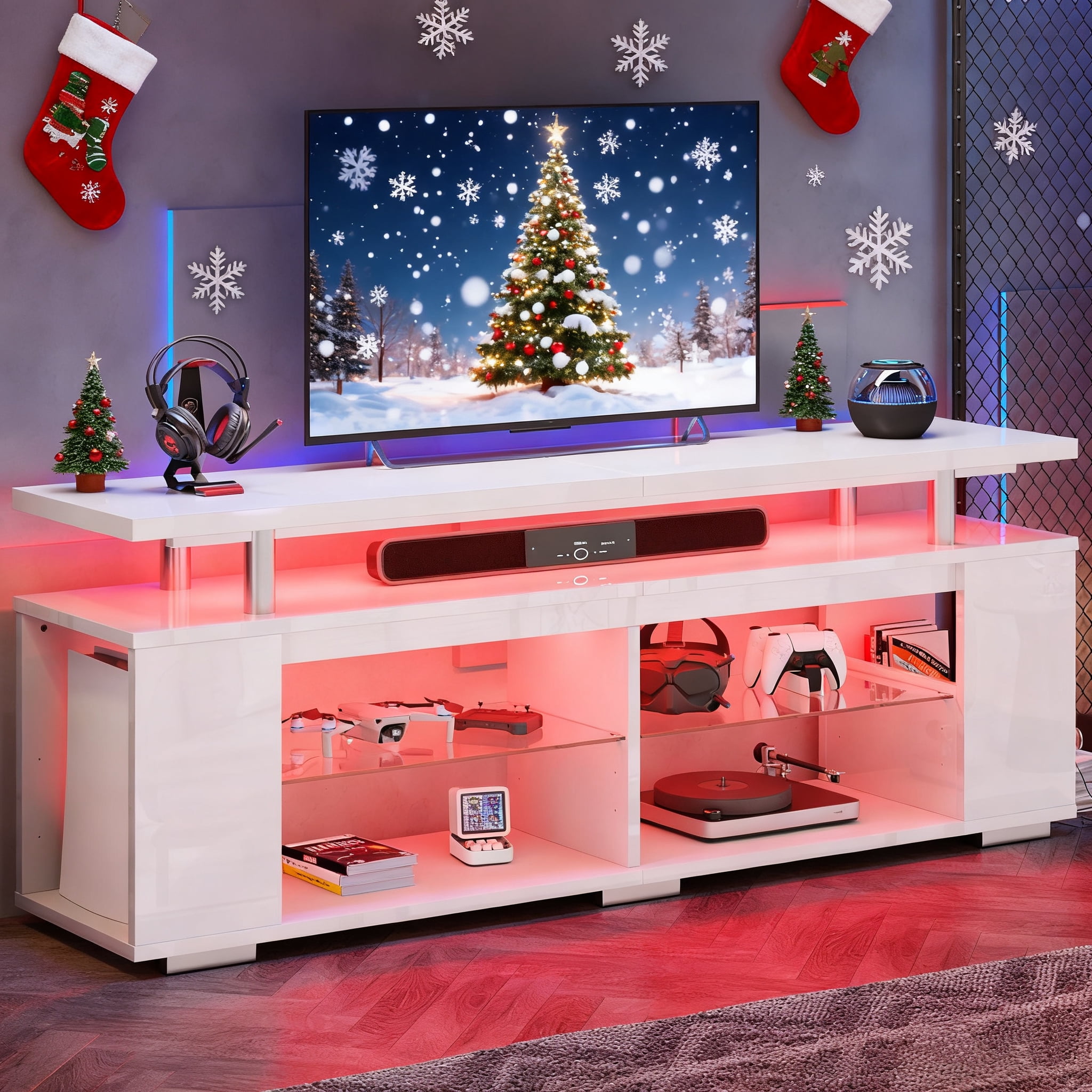 Pinmoco LED TV Stand for TVs up to 70", High Gloss Large Gaming Entertainment Center with Adjustable Shelf PS5 Storage TV Cabinet for Living Room, Bedroom, Game Room, White