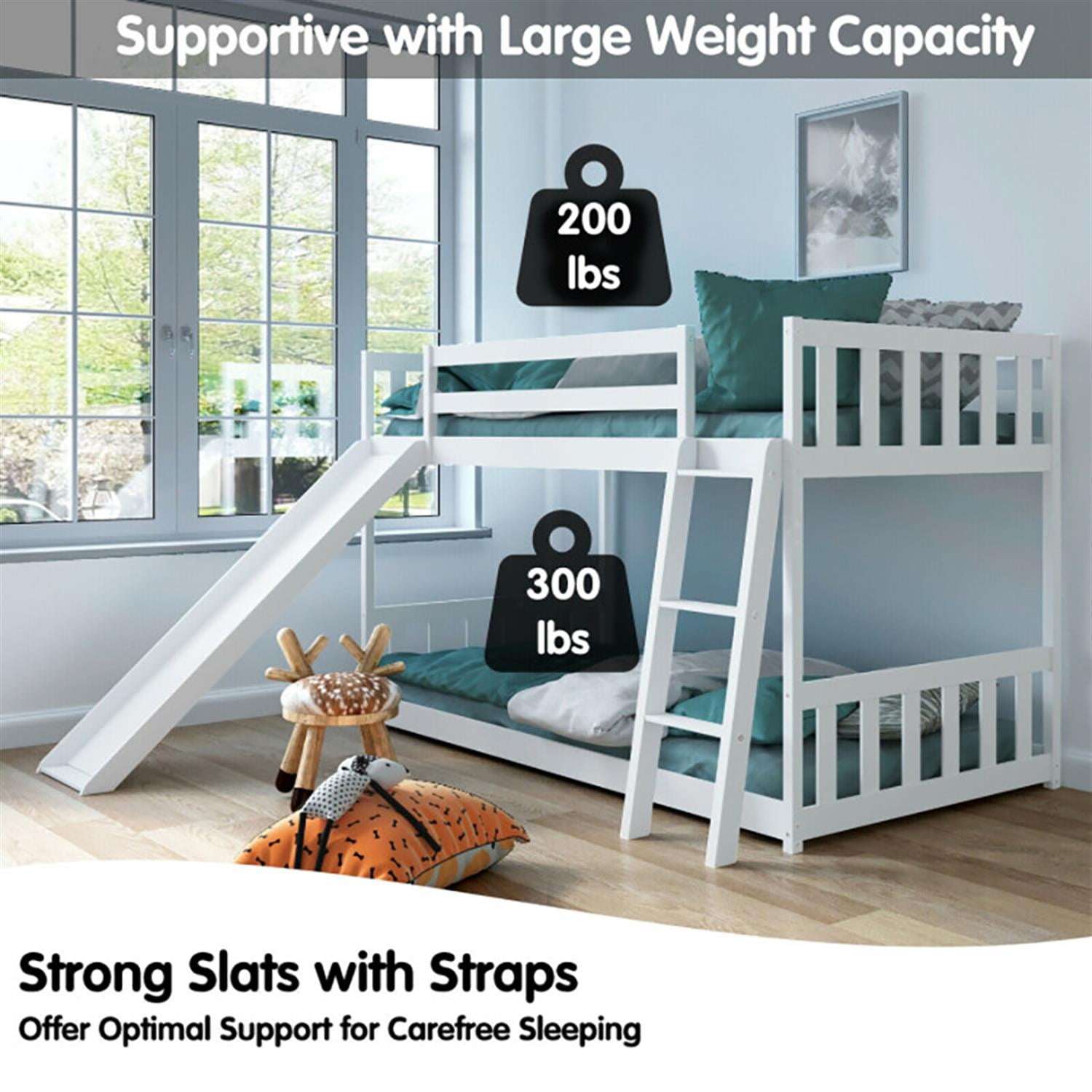 Demi Bonn Twin Over Twin Bunk Bed with High Guardrails and Slide Ladder, Twin Bunk Solid Wood Low Beds, Bed Frame, White