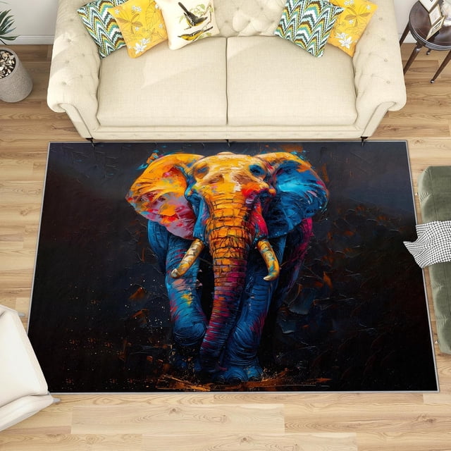 4x5 Rug, Elephant Rug, African Wild Animal Rugs for Living Room Bedroom, Colorful Oil Painting Carpet, Washable & Non Slip & Soft Low Pile Large Indoor Area Rug, Elephant Home Decor & Gifts