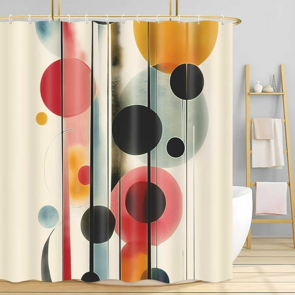 Geometric Abstract Shower Curtain, Boho Modern Vintage Minimalist Oil Painting Art Shower Curtain Set, Yellow and Black Oval Geometry Shower Curtains for Bathroom Decor with 12 Hooks 72x72 inch
