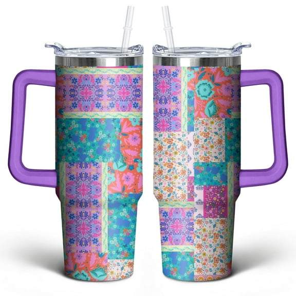 30oz Pioneer Tumbler with Handle Lid and Straw,Bohemian Style Colorful Floral Vintage Tumblers Gifts for Women Girls Men Adults Pink