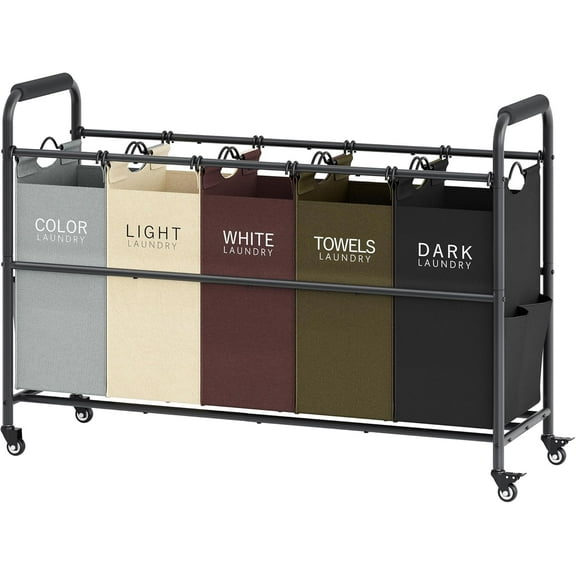 5 Bag Laundry Sorter Cart, Laundry Hamper Sorter Basket with Heavy Duty Lockable Rolling Wheels for Clothes Storage, 5 Colors