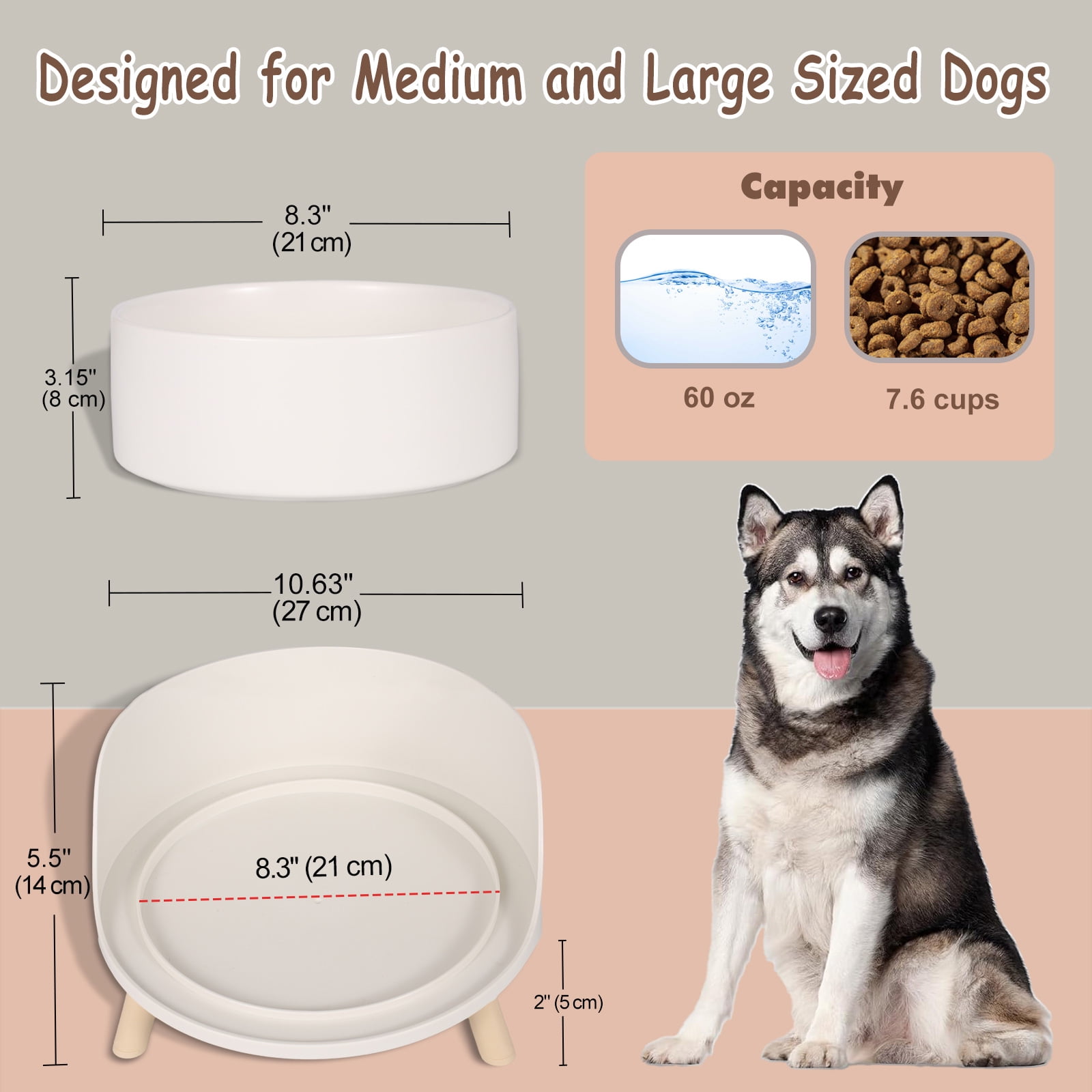 Elevated Dog Bowls Large Dogs - Raised Dog Food Bowl with Non Slip Stand - Heavy Weighted Ceramic Dog Feeding Bowl - Dog Water Bowl - 1 x 1800 ml - 60 oz - White