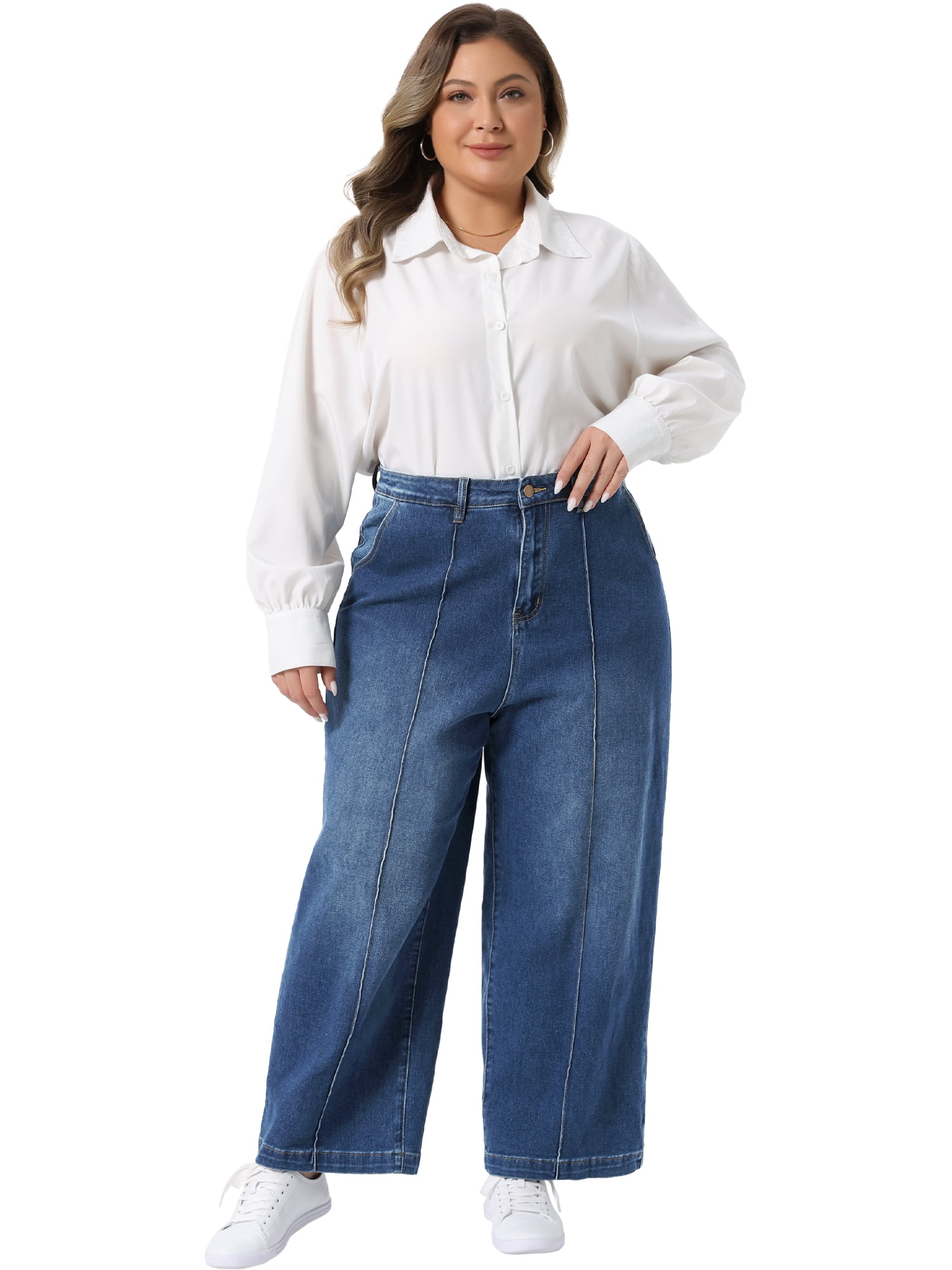 DARING DIVA Women's Plus Wide Leg Stretch with Pockets Denim Ankle Pants 3X Dark Blue