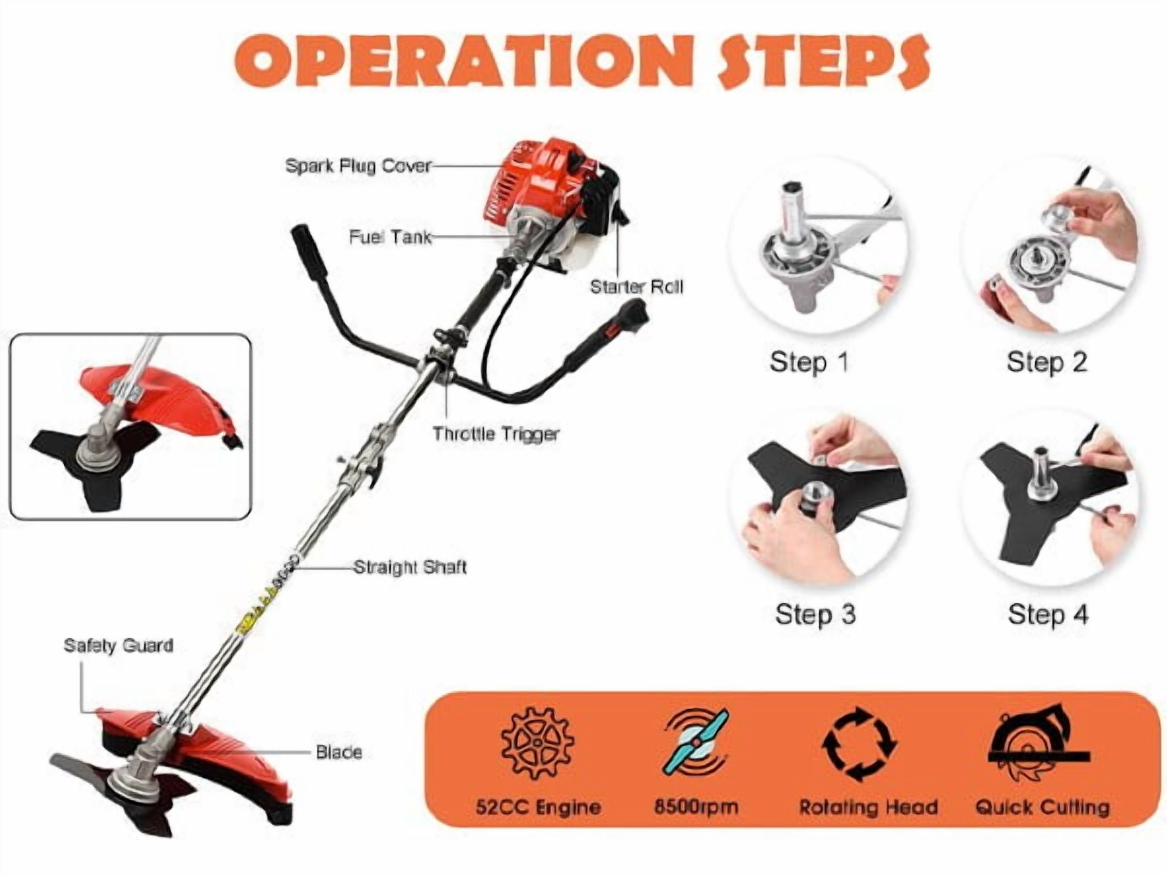 YNCE String Trimmer, 52cc Weed Wacker Gas Powered,2-in-1 Cordless Gas Lawn Mower,13.7inch,2-Stroke Brush Cutter Plastic Handle Shoulder Strap,Gas Straight Shaft String 1.2L Gas Capacity