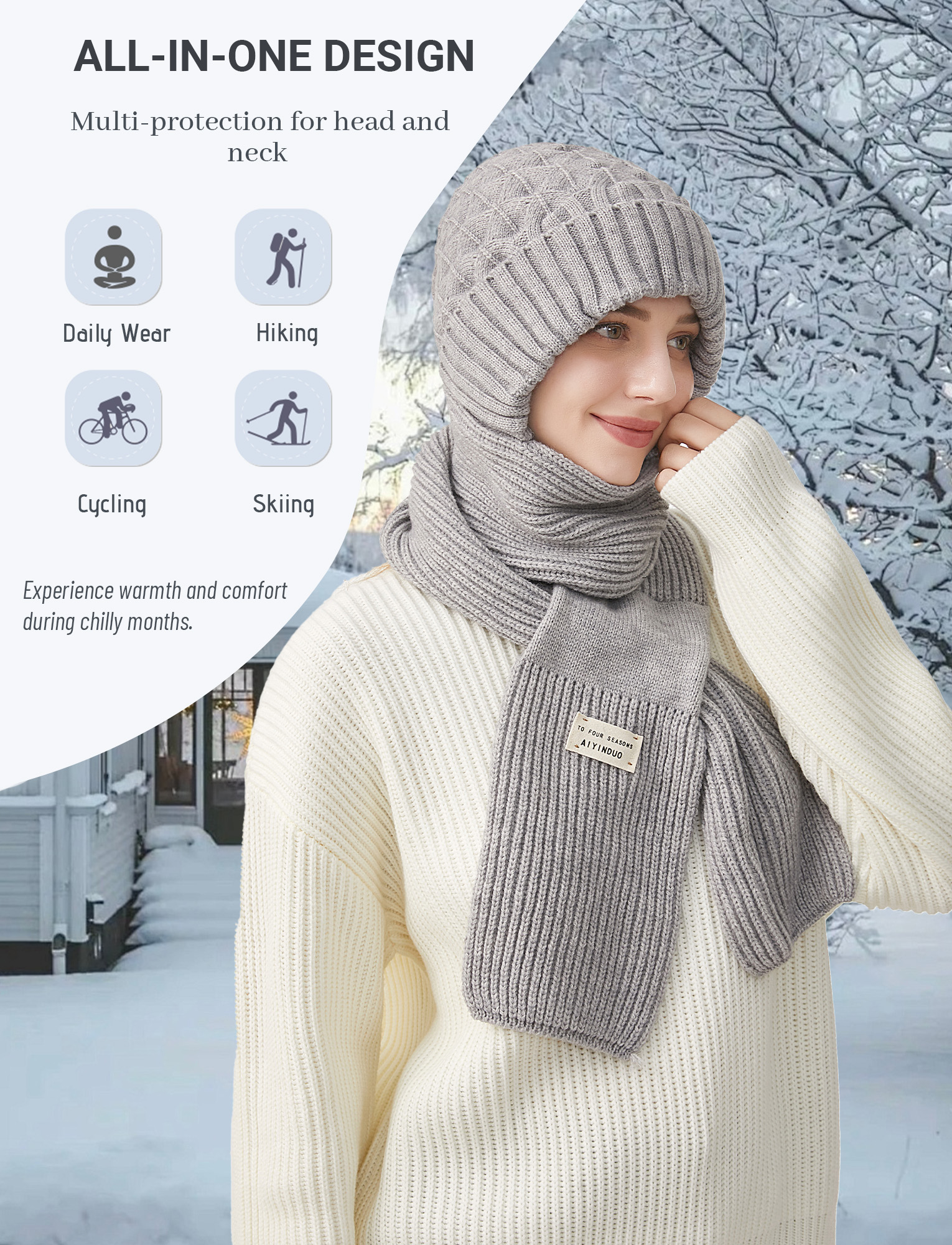 FEOYA Integrated Ear Protection Windproof Cap Scarf Women Fleece Balaclava One-Piece Hat Hood Scarf Beanie Warm Knitted Ski Scarf Hat Gray