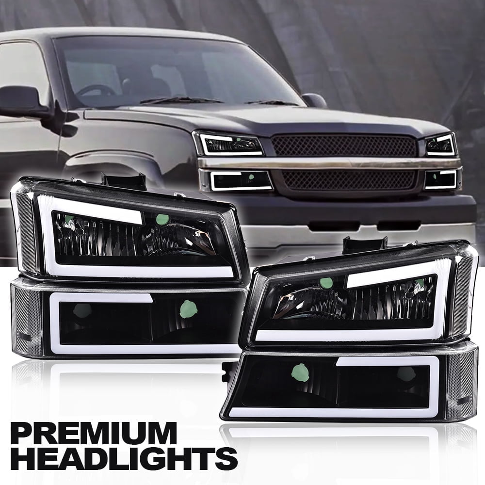CROSSDESIGN LED Headlamps DRL Headlights Projector Fit for 2003-2006 Chevy Silverado/Avalanche
