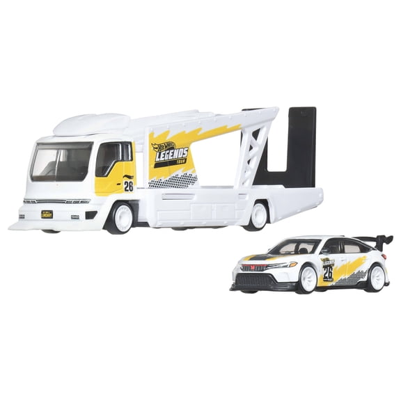 Hot Wheels Legends Team Transport Hauler & Toy Car, 2-Pack of Premium 1:64 Scale Vehicles