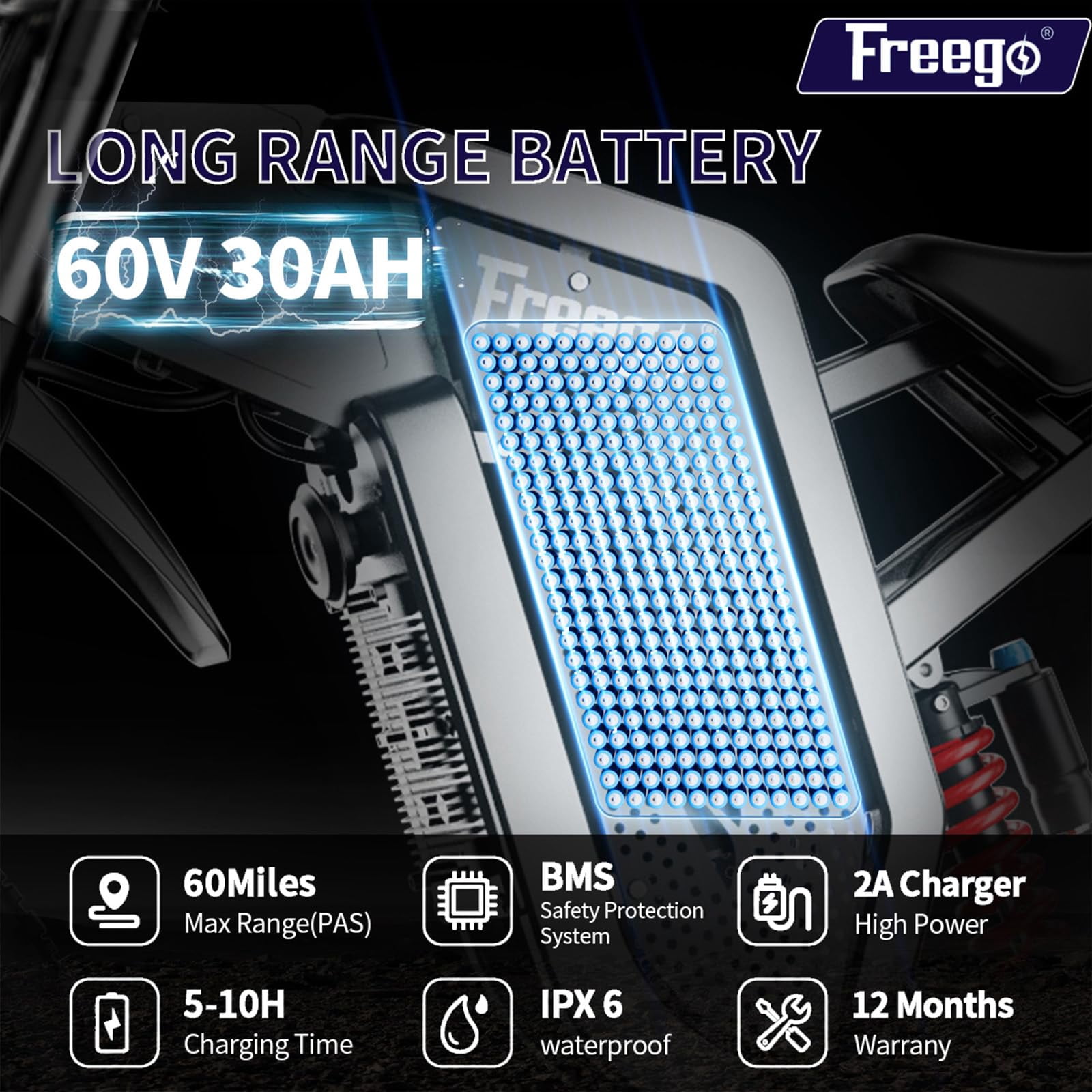 Freego X2 Electric Dirt Bike - 6000W Peak, 60V/30Ah Battery, 56 Mile Range, 28 MPH Eco / 50 MPH Sport, SHIMANO 7-Speed, Hydraulic Disc Brakes, 2-Piston, Aluminum Frame, 8H Charging