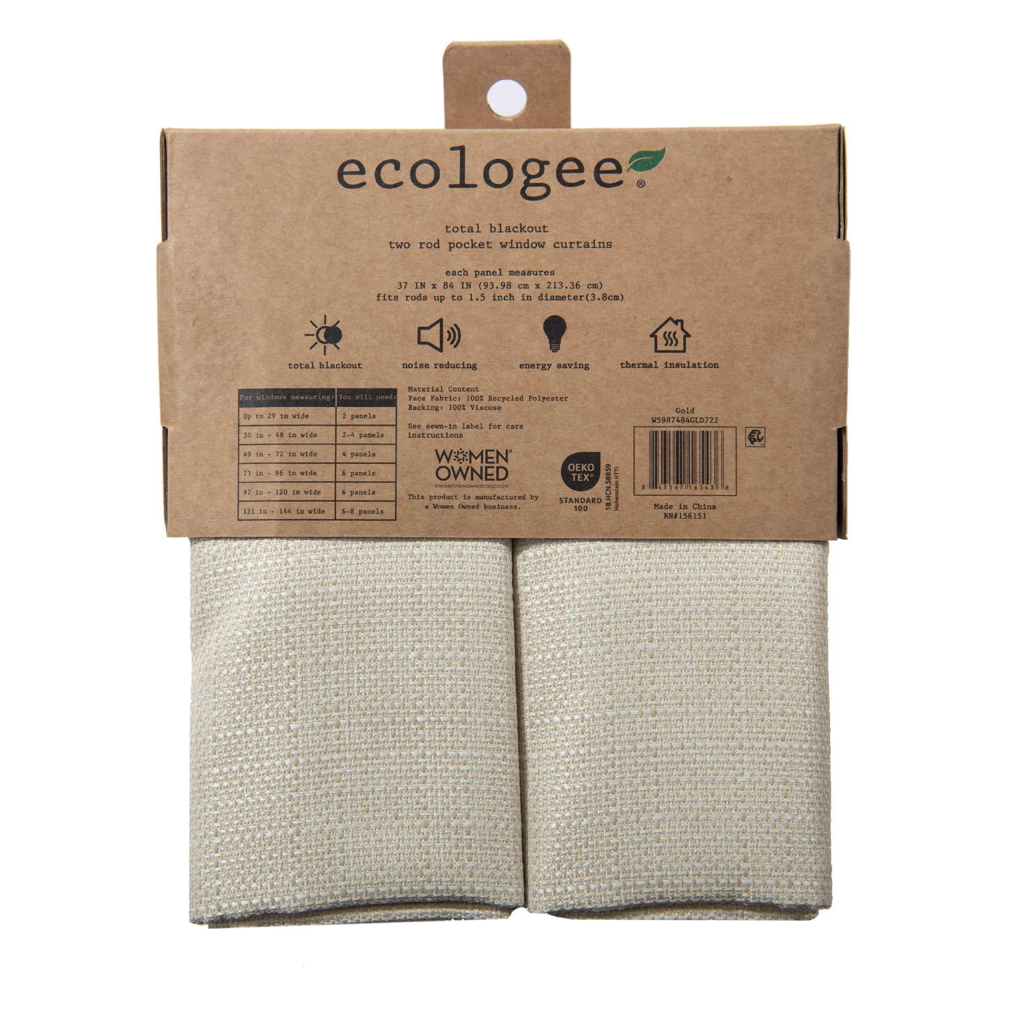 Ecologee Gold 100% Blackout Curtain Set, Sustainable Recycled Fabric, 2 Panel Set