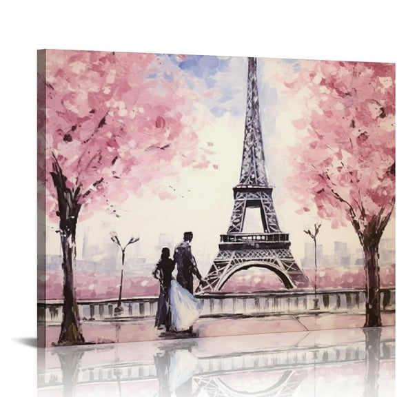 JRXY Pink Abstract Paris Canvas Wall Art Romance Couple Sakura Blossoming Eiffel Tower Picture Canvas Prints Wall Art Gallery Wrapped Picture for Living Room Woman Bedroom 20x16in