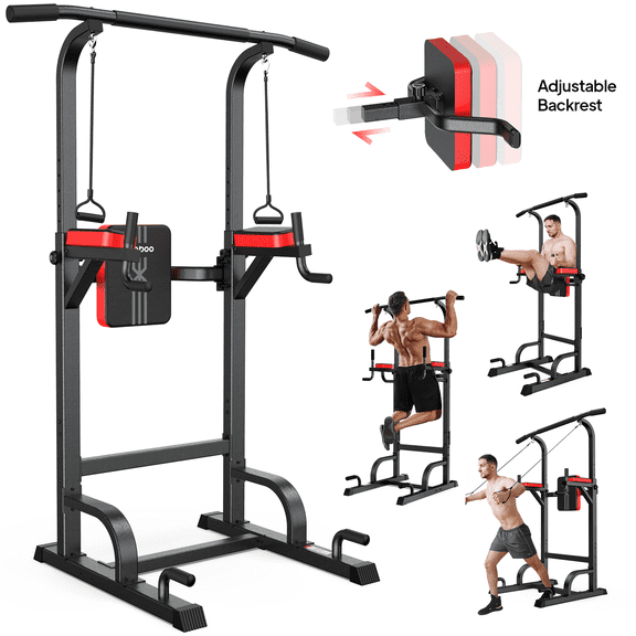 LNOW Multifunction Power Tower Pull up Bar Dip Station Power Rack with Adjustable Backrest for Home Gym Strength Training Workout Equipment Max Weight 480lbs