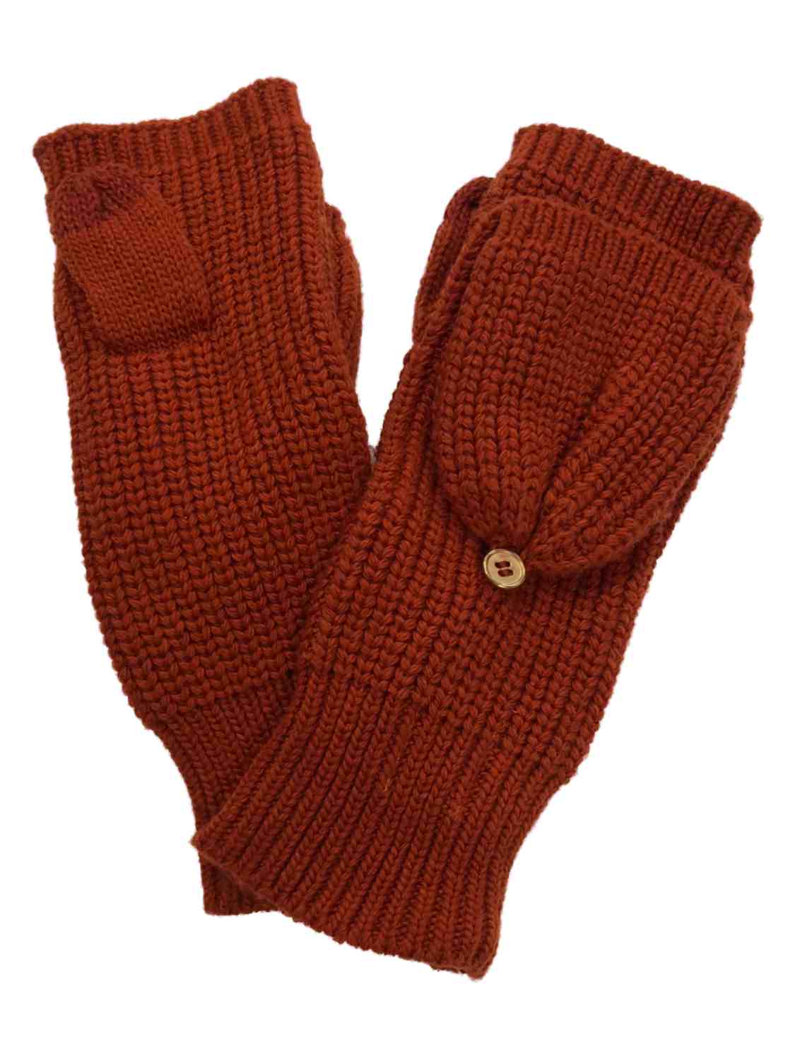 Womens Chunky Rust Orange Knit Fingerless Flip Top Convertible Gloves