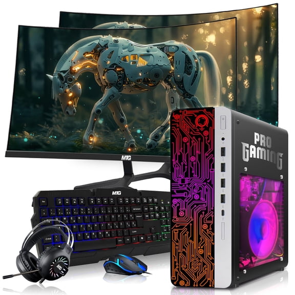 Restored HP G4 Gaming Desktop Computer PC Black AMD Ryzen 3 PRO, 16GB RAM, 256GB SSD OS+2X 500GB HDD, Dual 24 Inch Curve Monitor, GT 730 Graphics, RGB KBM, Headphone, WiFi BT, Win 11