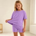 thumbnail image 7 of BXJX Girls Summer Outfit Sets, Short Sleeve 2 Piece Crew Neck T-Shirt and Shorts Set Purple Size 5-6 T, 7 of 7