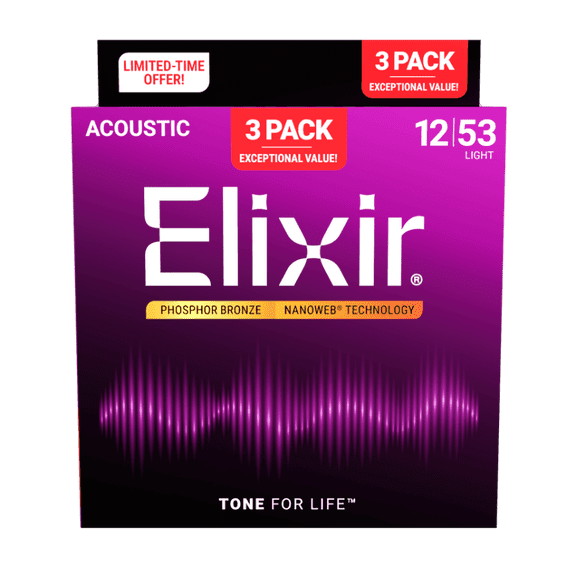 Elixir Acoustic Phosphor Bronze Guitar Strings w/NANOWEB® Technology - Light 12-53 - (3 Pack 16052)