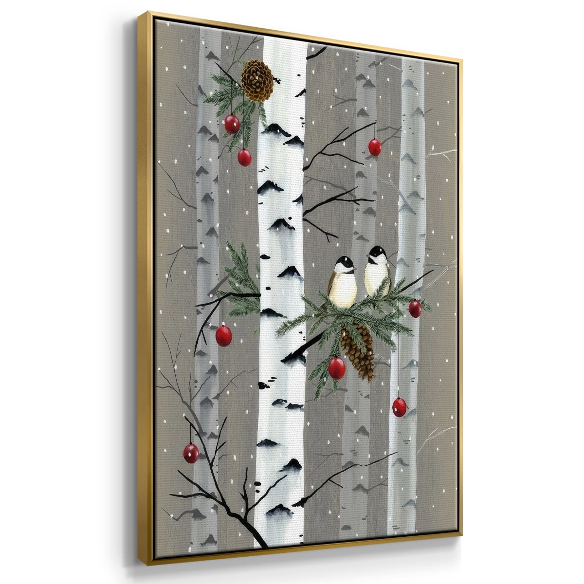 Birch Birds I - Framed Gallery Wrapped Holiday Canvas - 27 x 41 - Gold Frame