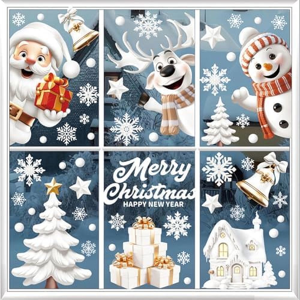 146Pcs Christmas Santa Window Clings,9 Sheets Blue Christmas Window Stickers Decorations,Xmas Elk Snowman Window Stickers Santa Christmas Window Decals for Home Deer Santa Claus and Snowflakes
