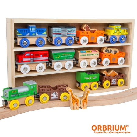 Orbrium Toys 12 Pcs Wooden Engines & Train Cars Collection with Animals, Farm Safari Zoo Wooden Animal Train Cars, Circus Train Car Compatible with Thomas Wooden Railway System, Brio,