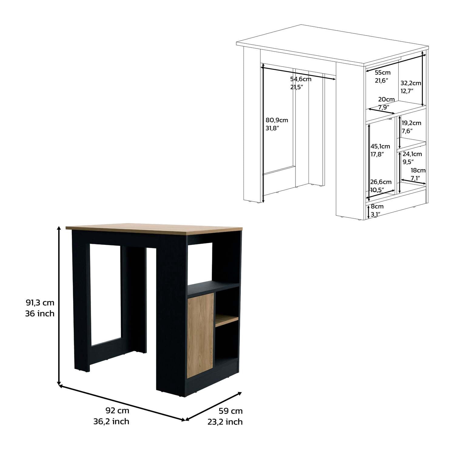 Kitchen Island Side Shelves and Push to Open Cabinet Black Wengue Natural Oak