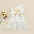 thumbnail image 3 of PENGXIANG Kid Girl Outfits Set One Shoulder Bowknot Crop Tops Letter Printed+Ruffle Skirts inside with Shorts, 3 of 10