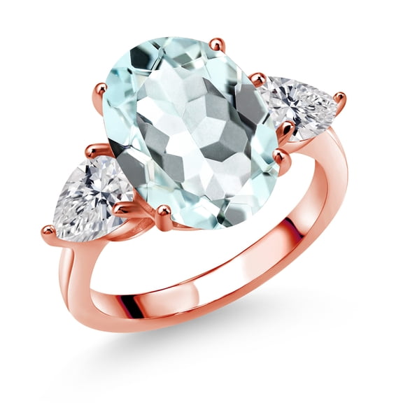 Gem Stone King 18K Rose Gold Plated Silver Sky Blue Simulated Aquamarine and Lab Grown Diamond Engagement Ring for Women | 6.74 Cttw | Oval 14X10MM | Gemstone March Birthstone | Size 9