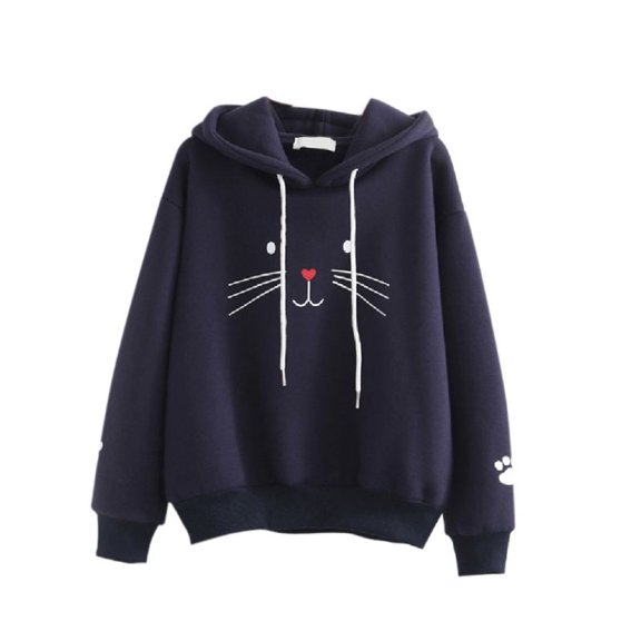Wisremt Women Plus Velvet Warm Plus Size Cute Cat Print Pullover Hoodie Long Sleeve Casual Winter Autumn Loose Tops