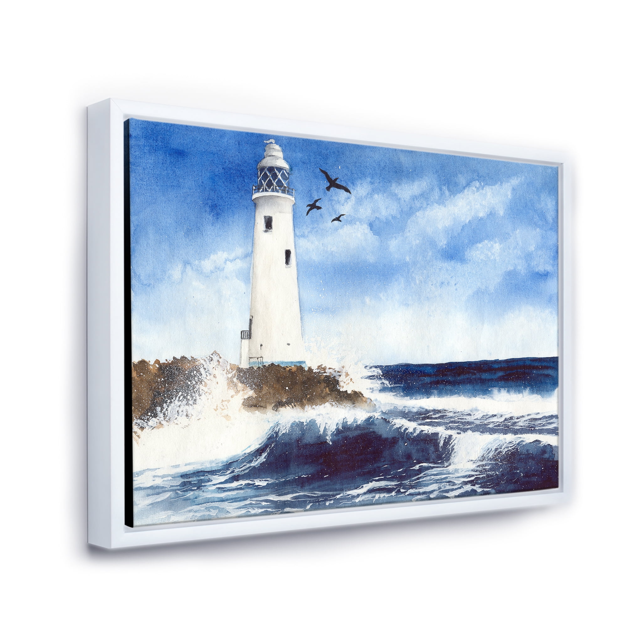 Designart 'Seagulls With Lighthouse On The Rocky Island' Nautical & Coastal Framed Canvas Wall Art Print