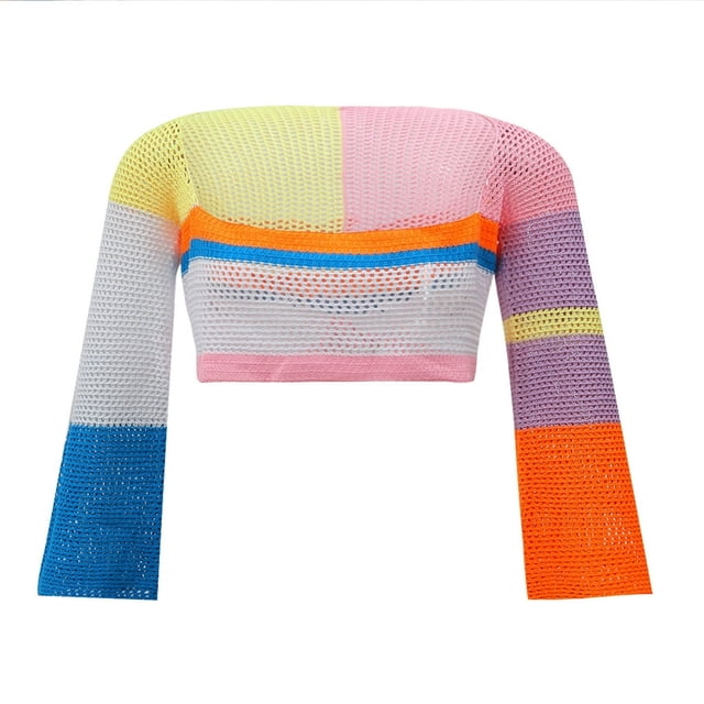 Hauts Courts en Tricot Crochet pour Femmes à Manches Longues, T-Shirts Ajustés à Blocs de Couleur