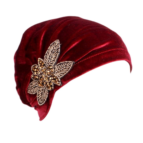 Hontri Headbands for Women Women's Elegant Soft Velvet Turban Beanie with Beaded Flower Hat Chemo for Cancer Hair Loss Ladies