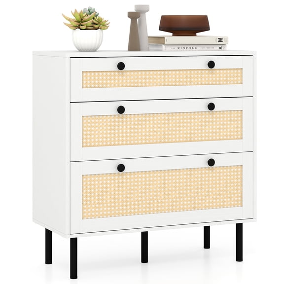 Giantex 3-Drawer Rattan Nightstand, Accent Bedside Table w/Metal Legs for Living Room, Bedroom