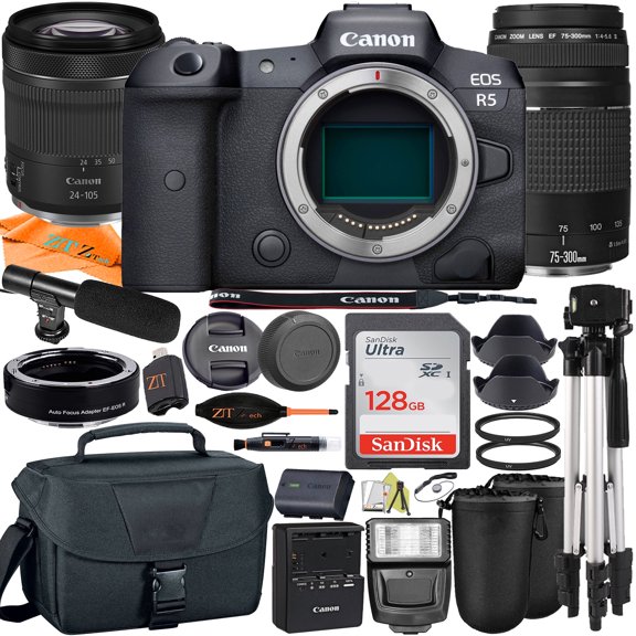 Canon EOS R5 Camera Kit with RF24-105mm, 75-300mm Lens, Adapter, 2x ...