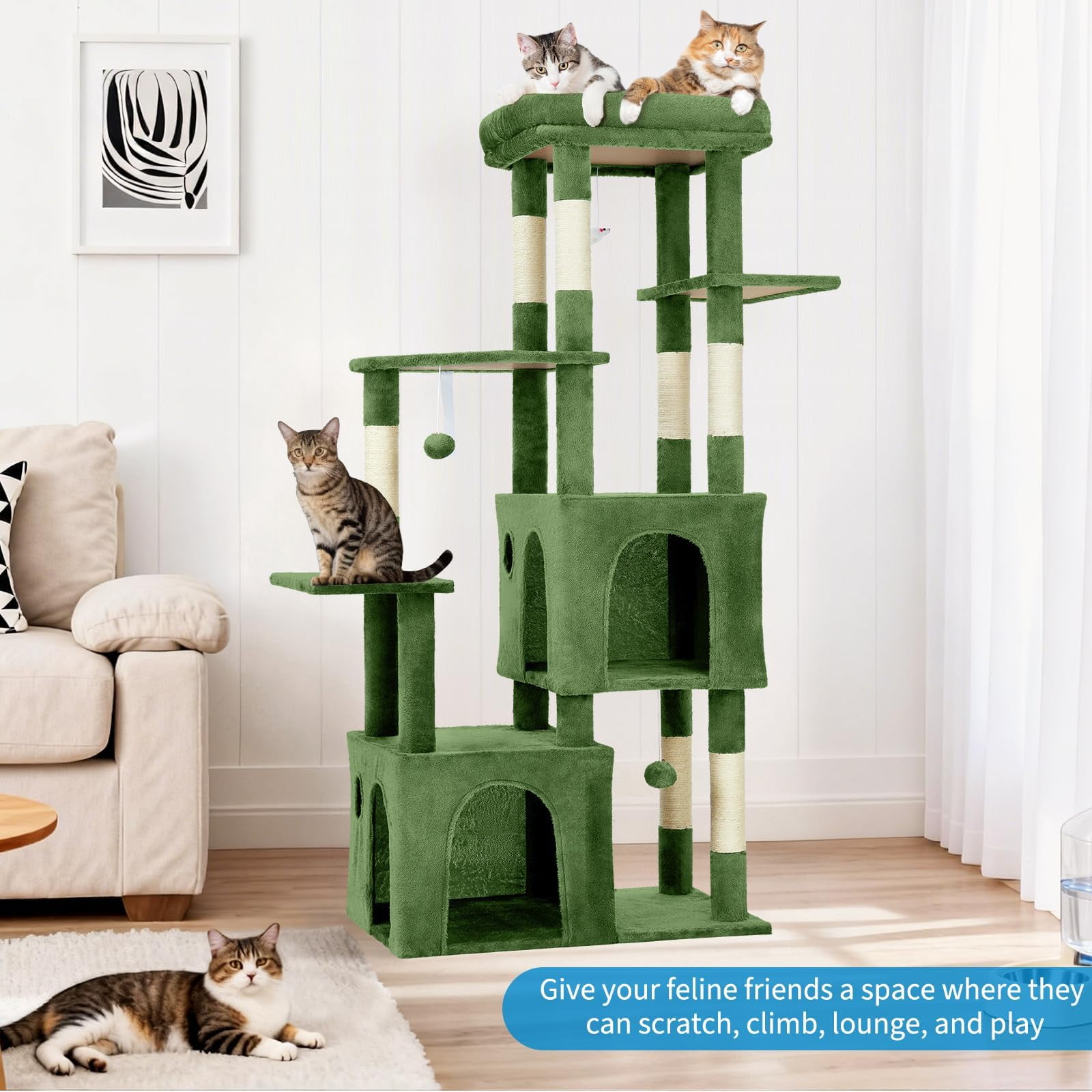 61" Multi-Level Cat Tree for Indoor Cats, Heavy-Duty Tower for Large Adult & Maine Coon Cats with Extra-Large Perch, 2 Spacious Condos, Natural Sisal Scratch Posts & Play Toys（Green)