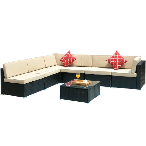 Patio Bistro Sofa Sets Furniture for Outdoor Patio, 7-Piece Wicker Patio Conversation Set w/L-Corner Sofa, R-Corner Sofa, 2 Pillows, Glass Table, 2 Middle Sofa, Single Sofa, Padded Cushions, S7066