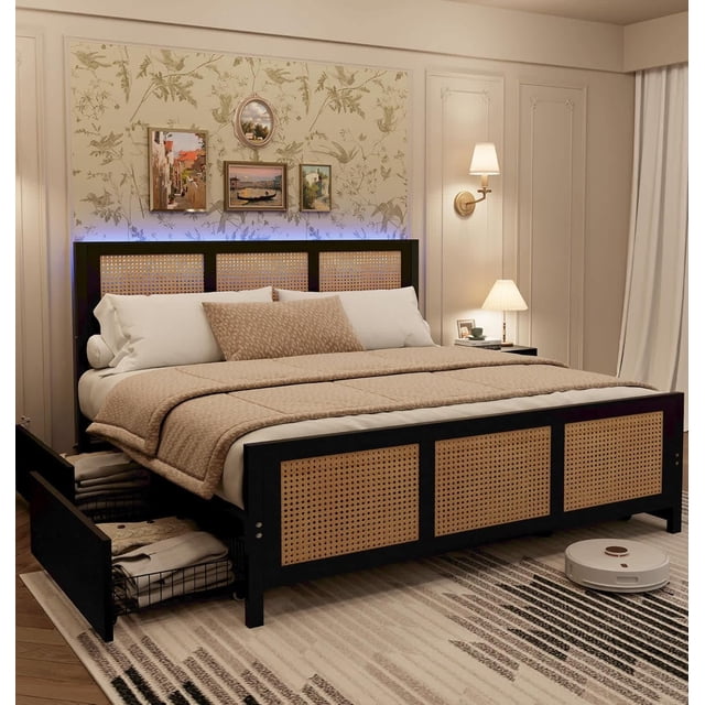 Bingirl Full-Size Rattan Accent Storage Bed with LED Lights: 4 Drawers, Woven Front, MDF Wood Frame, Black Finish