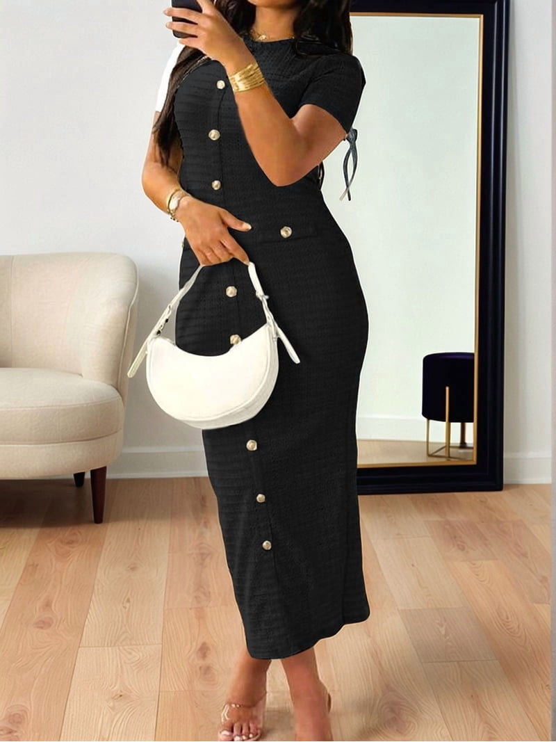 Women'S Button Up Pocket Textured Bodycon Midi Cocktail Work Dress Black L  - Walmart.com