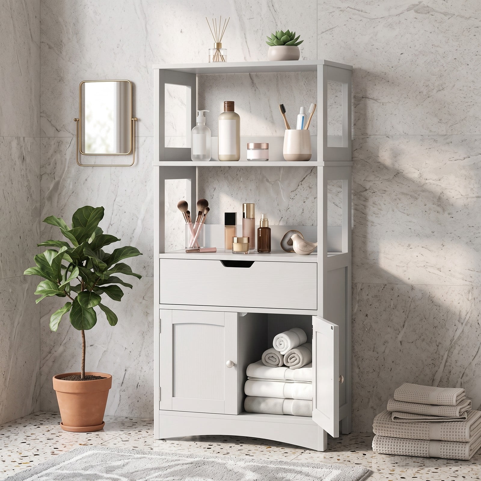 ALPULON Bathroom Storage Cabinet with Drawer and Shelf, Freestanding Floor Organizer, Waterproof MDF Cabinet for Bathroom Bedroom Entryway Living Room, Anti-Tip, Gray