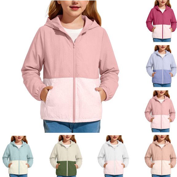 Faraee Girls Hooded Jacket Kids Lightweight Color Block Toddler Rain Coats with Pockets Packable Windbreaker Outerwear Size 5-16 Years Green