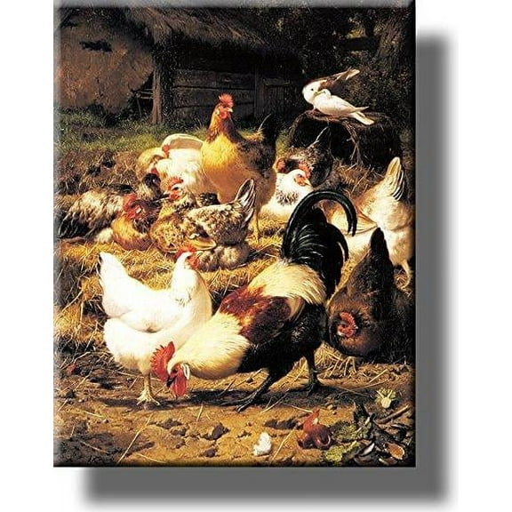 Chicken on a Farmyard Picture on Stretched Canvas, Wall Art Décor, Ready to Hang!