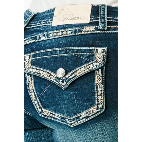 Grace in LA Women's Embroidered Faux Pocket Embellish Stonewashed Bootcut Jeans (25, Blue Stonewashed)