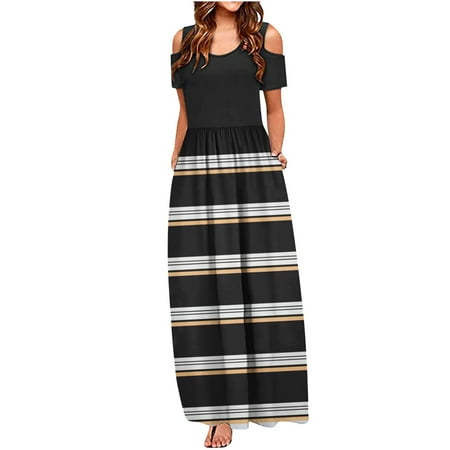 

Women Short Sleeve Loose Plain Casual Stripe Printed Boho Off Shoulder Tunic Long Maxi Dresses with Pockets