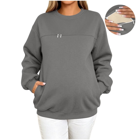 Maternity Nursing Sweatshirt, Pregnant Women Soft Fleece Pullover Tops with Zippered Casual Solid Color Long Sleeve Crew Neck Sweatshirt No Hood Gray XL