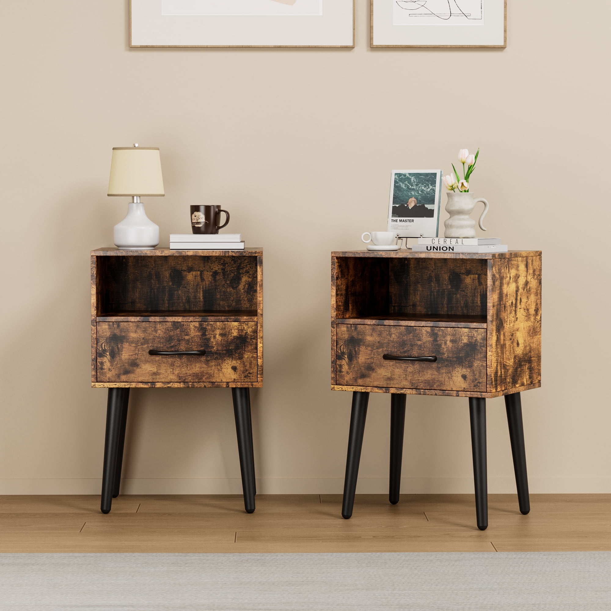 CasaGlow Set of 2 Modern Nightstands – Bedside Tables with Drawer Open Wood Shelf Small Space Accent Night Stands for Bedroom Living Room Dorm Easy Assembly